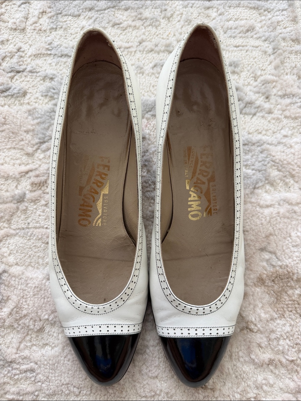 Salvatore Ferragamo White Leather Flats with Black Patent Cap Toe
